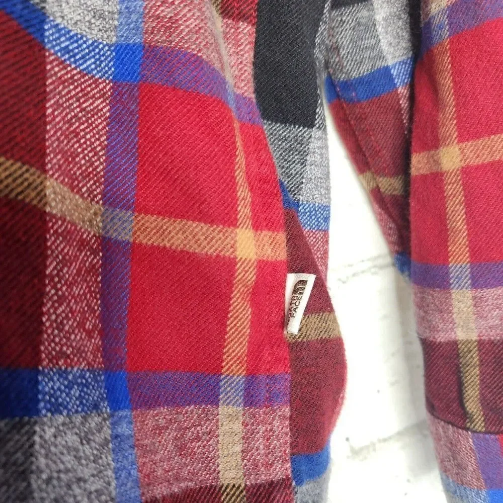 THE NORTH FACE Mens Button Down Plaid Blue Red Flannel Shirt Large Long Sleeve